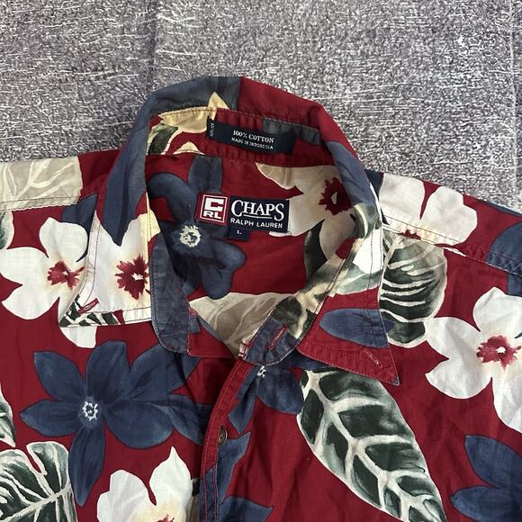 Men's Vintage Y2K Chaps Ralph Lauren Red Floral Hawaiian Button Up Shirt Sz L - Picture 2 of 3